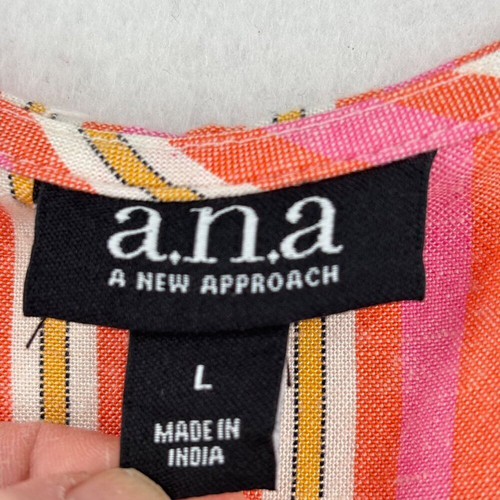 A.N.A Midi Shirt Dress Size L Pink Orange Stripe Linen Blend Button Up Cap Sleev - Picture 3 of 14
